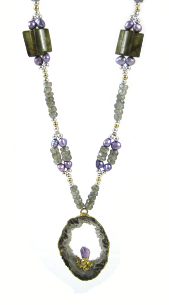 Appraisal: SEMI PRECIOUS GEODE AND AMETHYST PENDANT NECKLACE measuring - inches