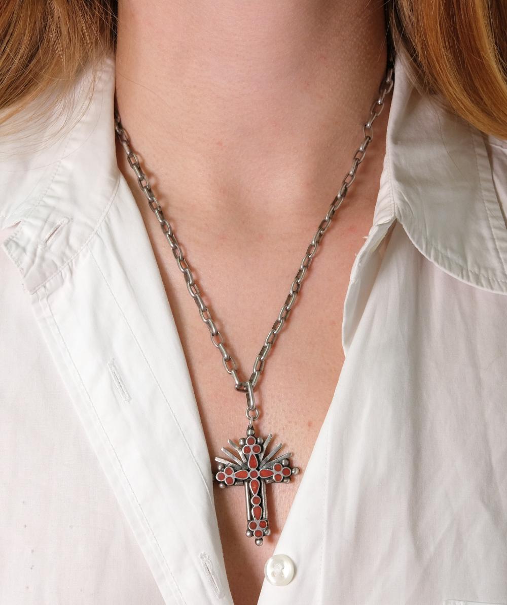 Appraisal: Likely Native American sterling silver double sided cross pendant necklace