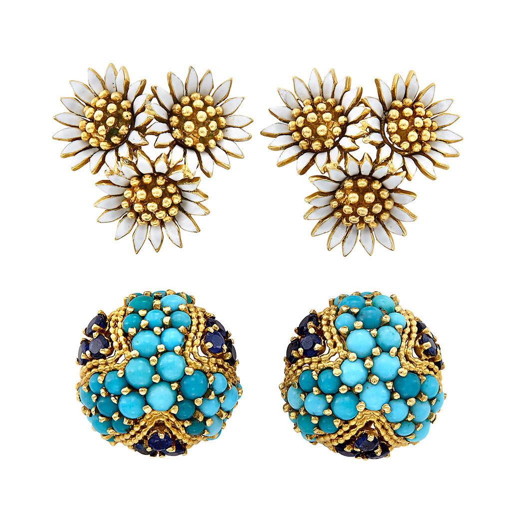 Appraisal: Pair of Gold Turquoise and Sapphire Earclips and Gold and