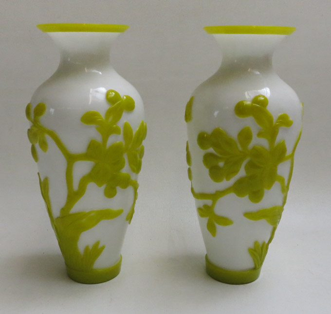 Appraisal: PAIR OF CHINESE PEKING GLASS VASES of baluster form in