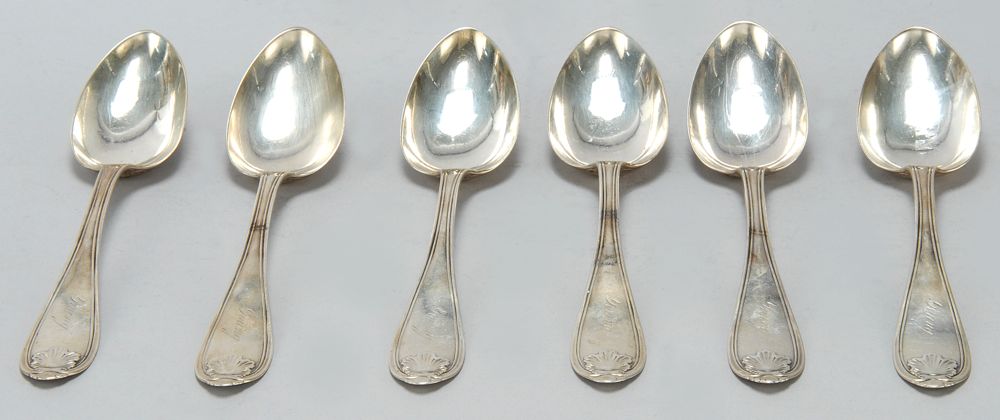 Appraisal: SIX AMERICAN STERLING SILVER TABLESPOONS By Salisbury Co Shell motif