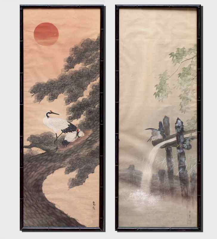 Appraisal: PAIR OF JAPANESE PAINTINGS ON SILK To include Sandhill cranes