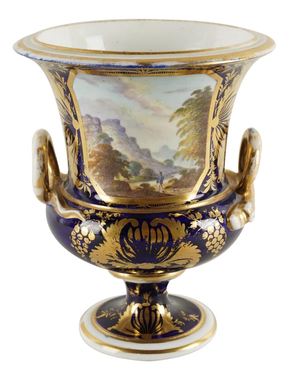 Appraisal: COBALT GILT PORCELAIN CAMPANA VASEDresden-style painted red crown mark hand-painted