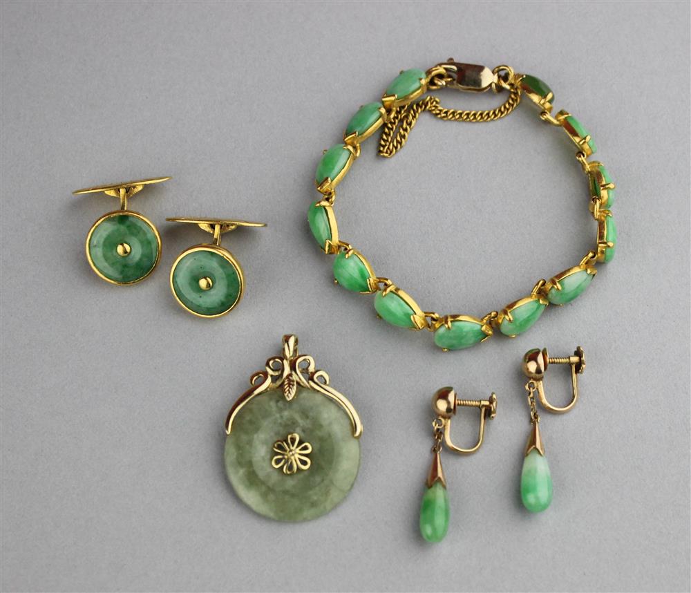 Appraisal: JADE COLLECTION IN K YELLOW GOLD BRACELET EARRINGS PENDANT AND