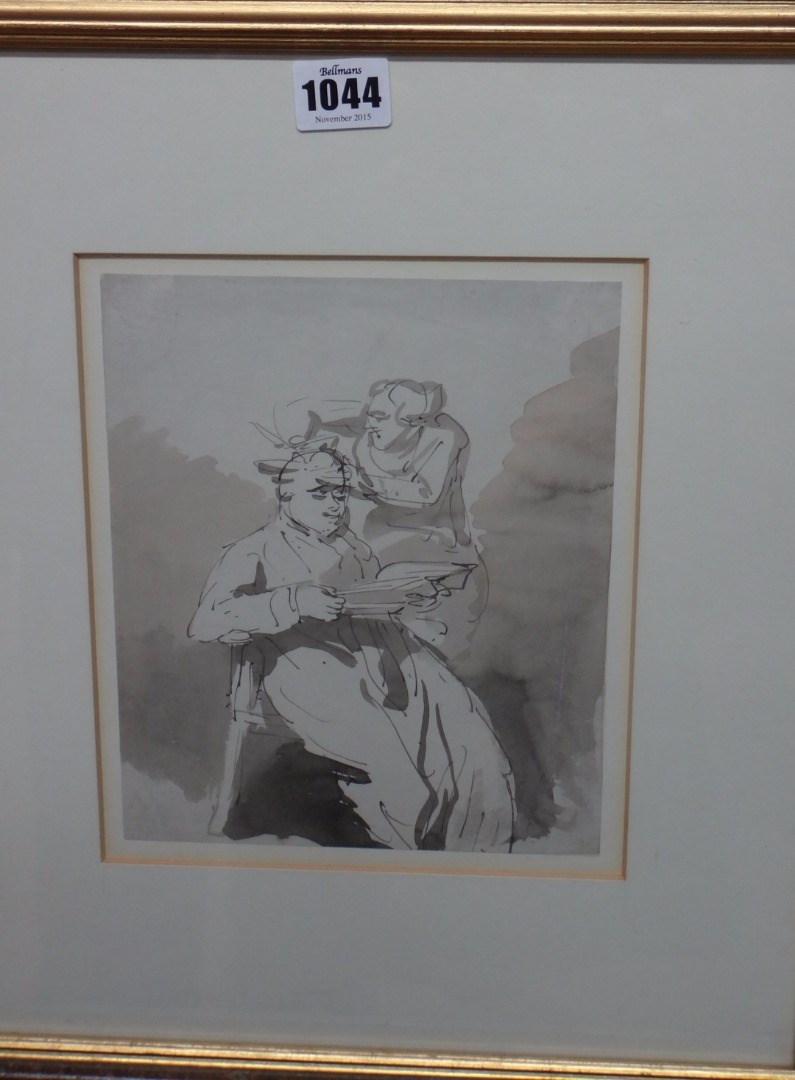 Appraisal: Thomas Rowlandson - Barber with customer reading pen ink and