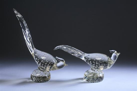 Appraisal: PAIR MURANO CLEAR GLASS PHEASANTS mid- th century With bubble