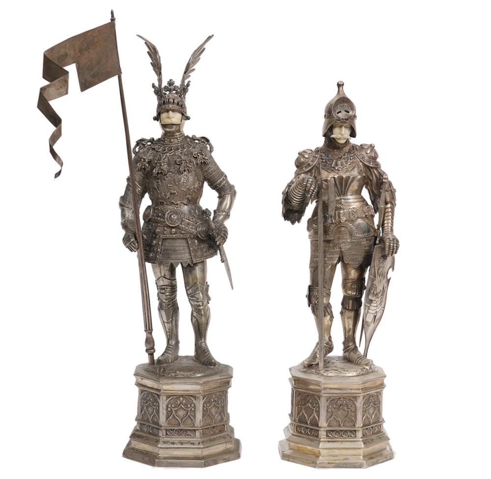 Appraisal: TWO LARGE CONTINENTAL SILVER GERMAN KNIGHTS large scale continental figures