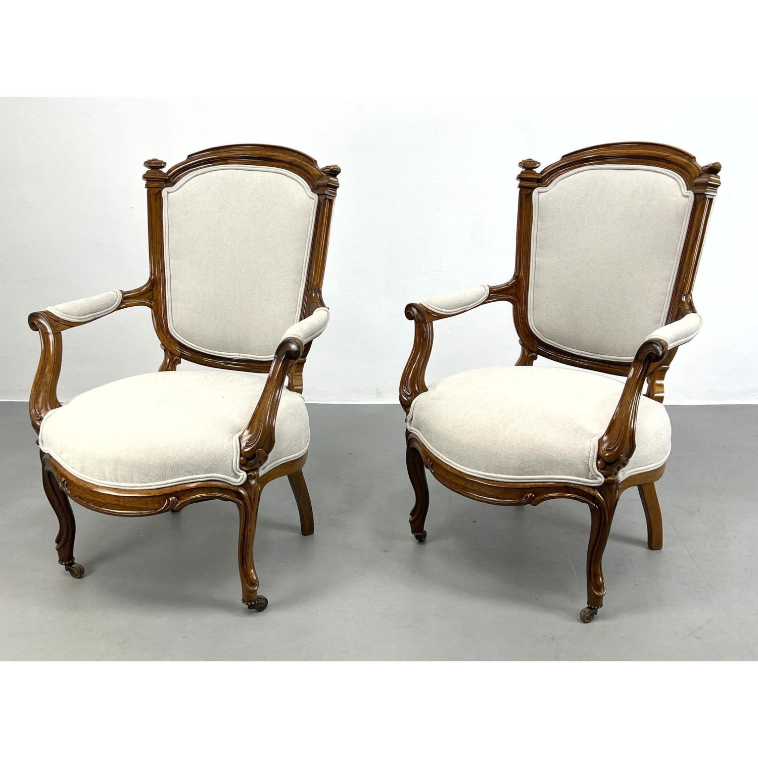 Appraisal: Pr French style Fauteuil Arm Chairs Carved Wood Frames Off