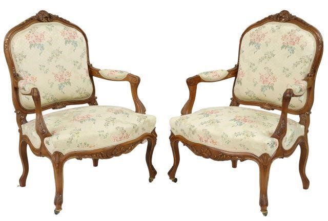 Appraisal: pair French Louis XV style upholstered armchairs late th c