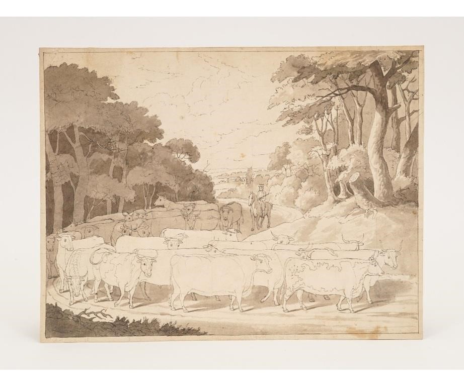 Appraisal: Unframed pen and ink drawing driving cattle to market unsigned