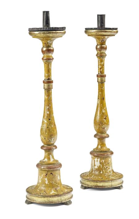 Appraisal: PAIR OF SPANISH PAINTED CANDLESTICKS EARLY TH CENTURY the baluster