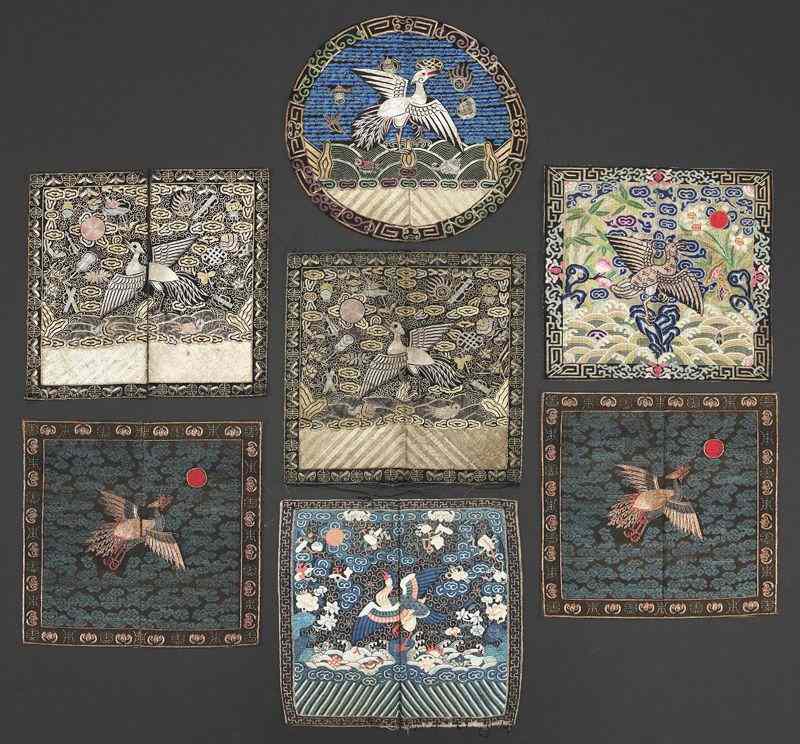 Appraisal: Chinese Qing Kesi and embroidery rank badges depicting birds Square