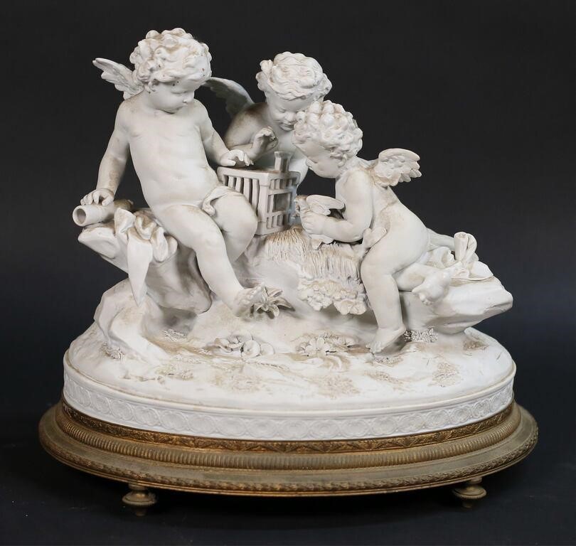 Appraisal: BISQUE PORCELAIN FIGURE GROUP CUPIDS WITH BIRDCAGEBisque porcelain figure group