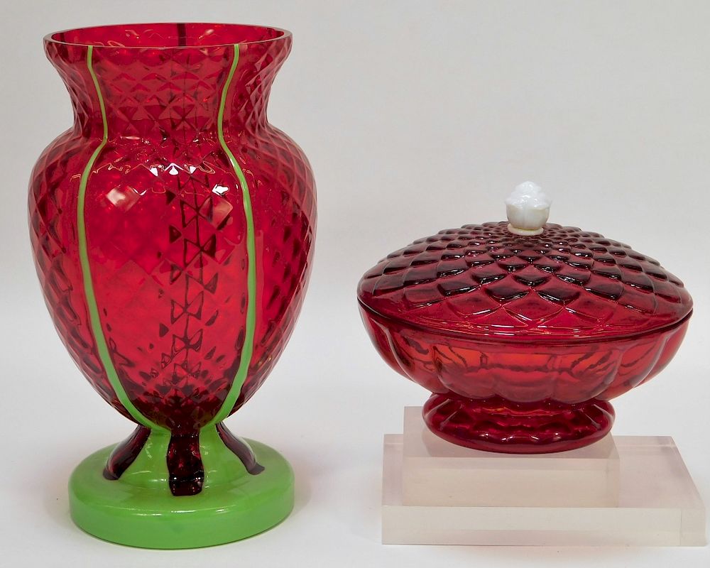 Appraisal: Kralik Ruby Red Bohemian Art Glass Vessels Bohemia th Century