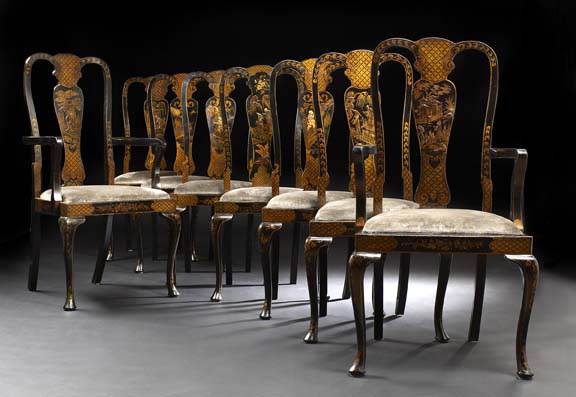 Appraisal: Suite of Eight Queen Anne-Style Black-Lacquered Dining Chairs mid- th