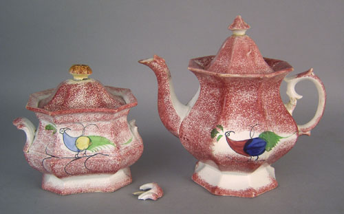 Appraisal: Red spatter teapot and covered sugar th c with peafowl