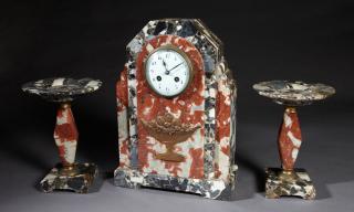 Appraisal: Three Piece Art Deco Breche D'Alpes Marble Clock S Three