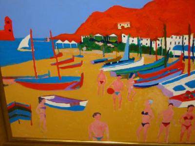 Appraisal: MICHAEL SAVILLE Mediterranean Beach Scene with Boats and Figures signed