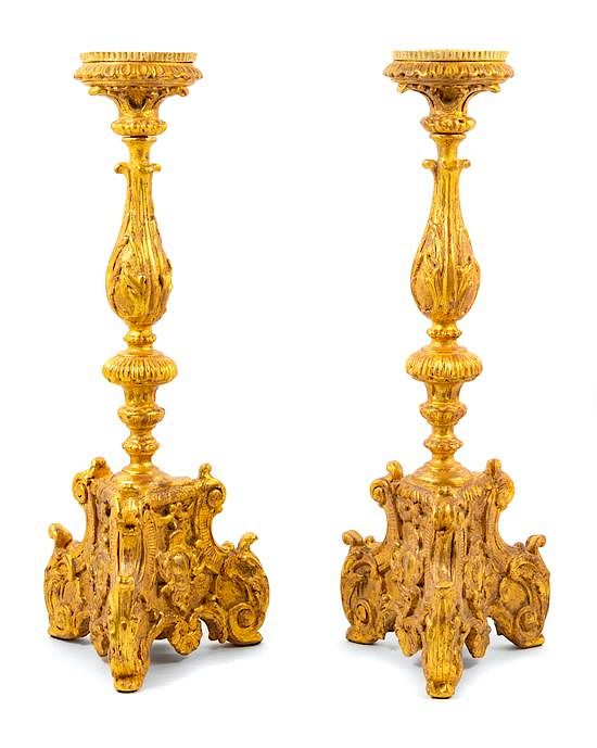 Appraisal: A Pair of Italian Baroque Giltwood Prickets Height inches A