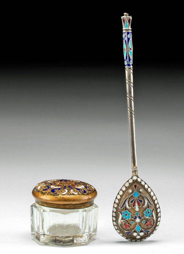 Appraisal: Russian Victorian Silver Cloisonne Spoon Glass Jar Originally Listed At