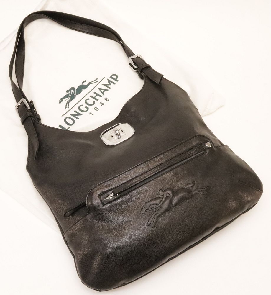 Appraisal: Longchamp Black Leather Gatsby Bag Longchamp Black Grained Leather Gatsby