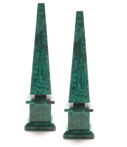 Appraisal: A pair of malachite obelisks height in width in depth