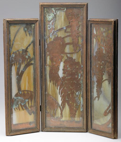 Appraisal: ARTS AND CRAFTS Three-panel table-top screen with branches of wisteria