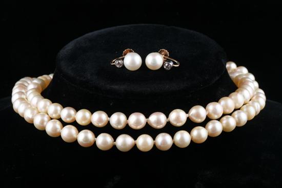 Appraisal: GRADUATED CULTURED PEARL NECKLACE AND PAIR CULTURED PEARL AND DIAMOND