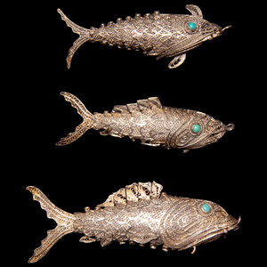 Appraisal: Three Chinese Reticulated Fish-Form Silver Parfumiers each fully reticulated through