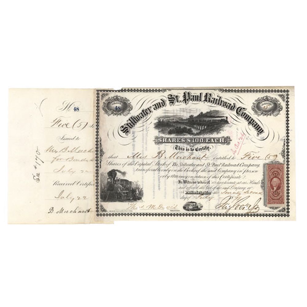 Appraisal: Stillwater St Paul Railroad Stock Signed By JAY COOKE JR