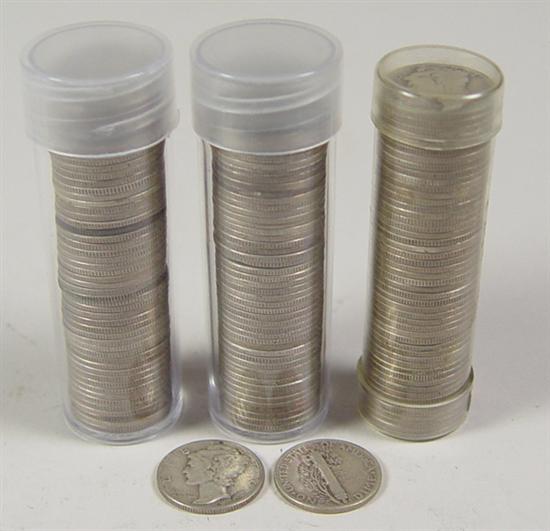 Appraisal: Three Rolls Mercury Dimes Three rolls of Mercury Dimes most