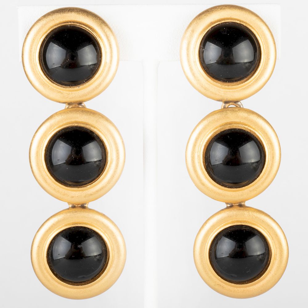 Appraisal: Pair of Gold Tone and Black Stone Drop Earclips Unmarked