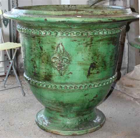 Appraisal: LARGE FRENCH ANDUZE GREEN GLAZED URN cast with fleur de