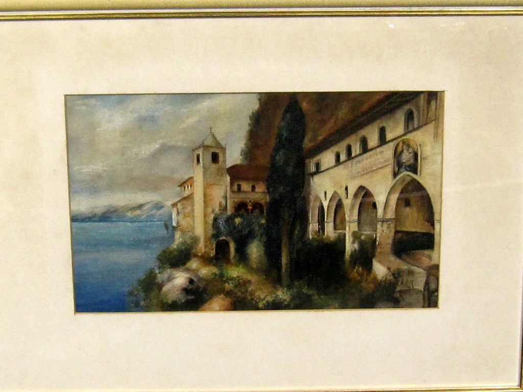 Appraisal: Watercolour of a Mediterranean lakeside chapel unsigned