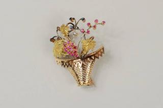 Appraisal: K Gold Flower Basket Pin Rubies Sapphires K gold flower