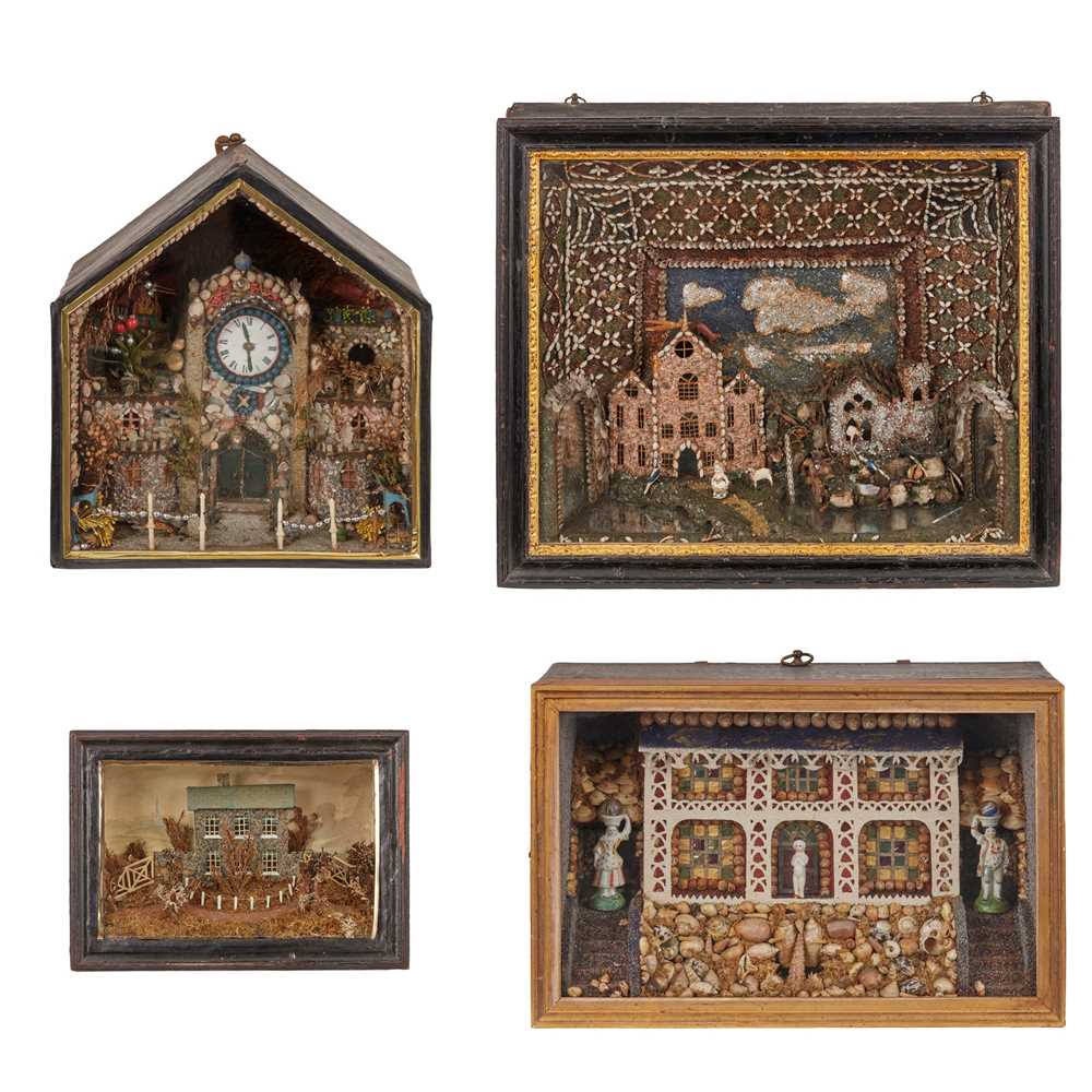 Appraisal: FOUR VICTORIAN CASED SHELL-WORK DIORAMAS INCLUDING ONE EXAMPLE WITH A