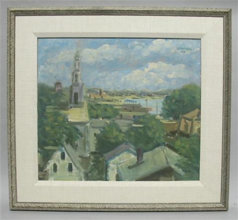 Appraisal: NEWMAN NEW ENGLAND COASTAL TOWN Oil on canvas x in