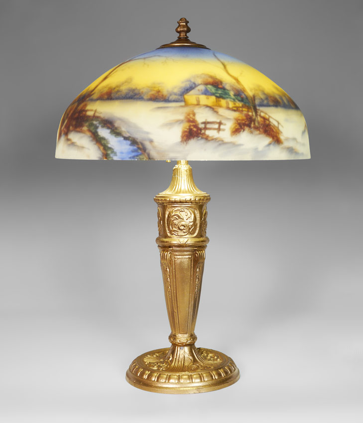 Appraisal: ATTRIBUTED PITTSBURGH REVERSE PAINTED LAMP Gold painted cast metal base