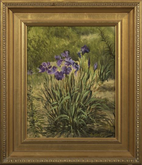 Appraisal: G Heer Swiss Contemporary Purple Irises oil on masonite signed