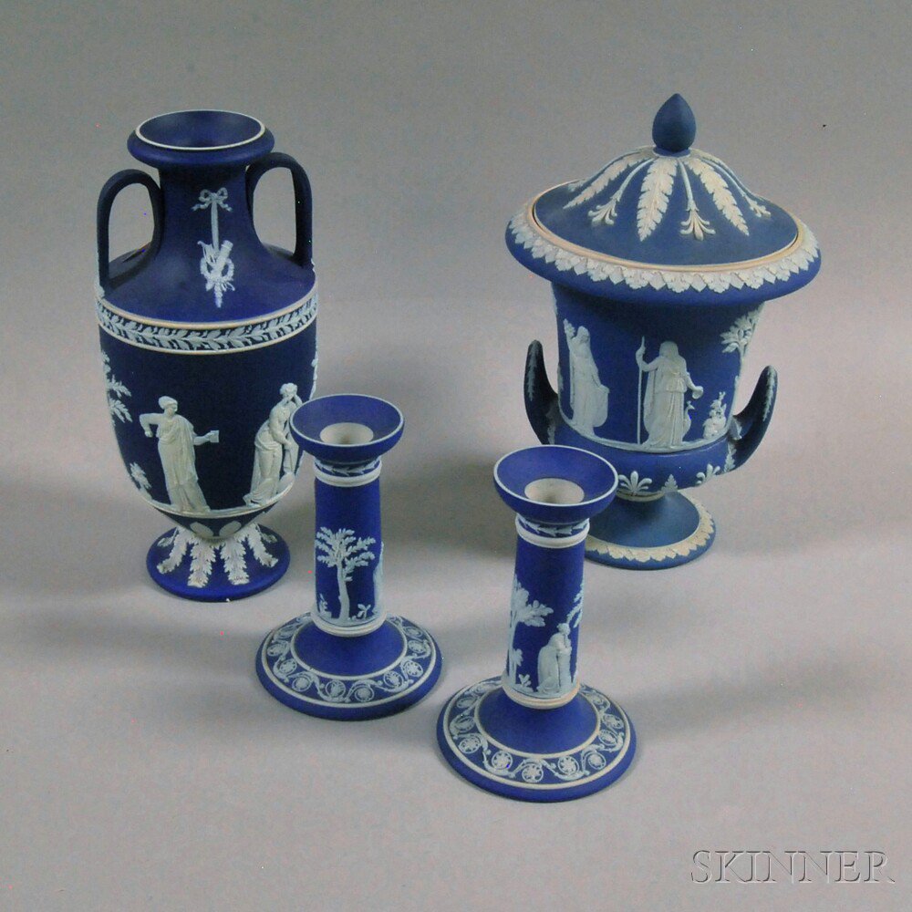 Appraisal: Four Wedgwood Dark Blue Jasper Items th century a covered