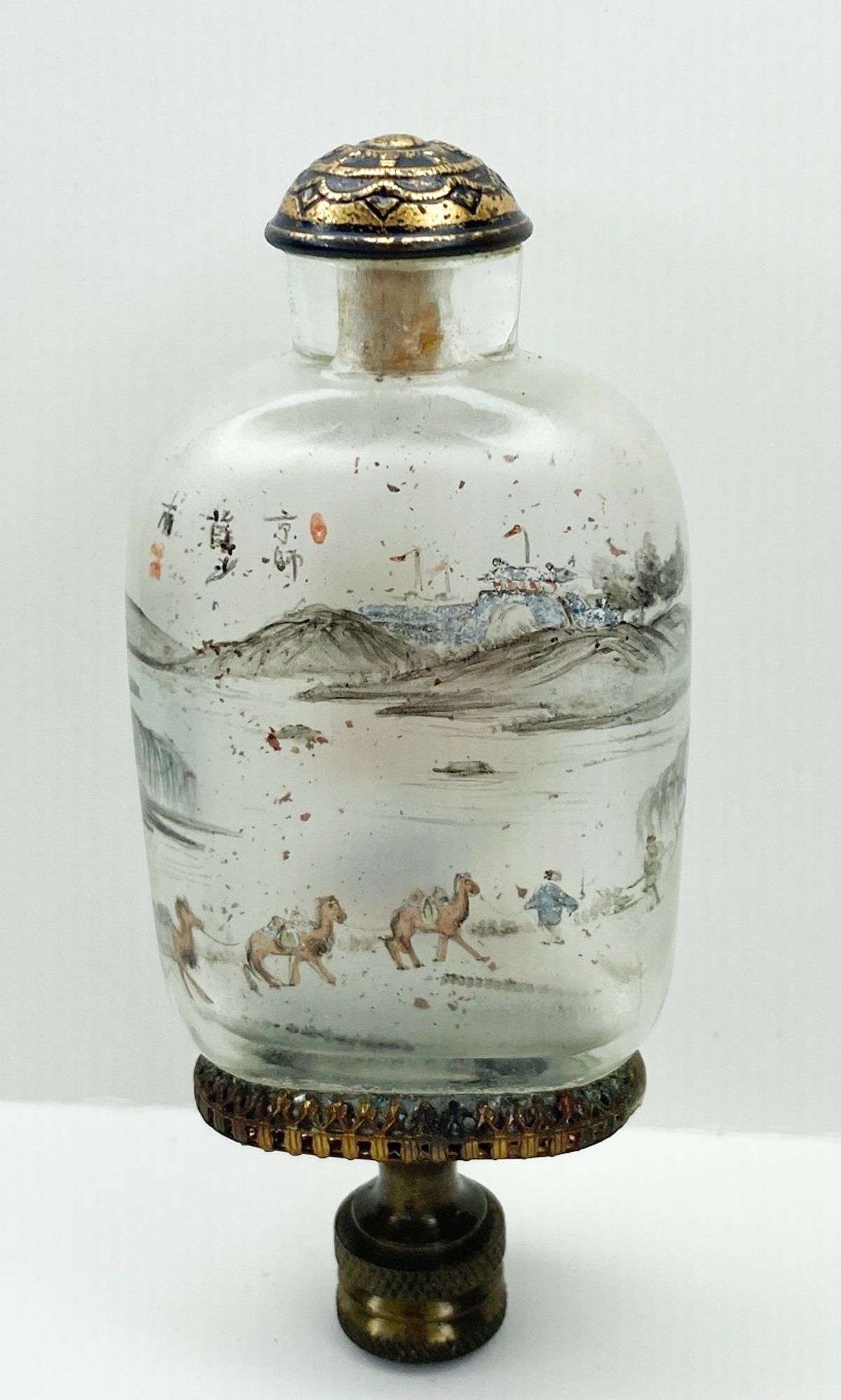 Appraisal: Chinese Inside Painted Snuff Bottle Mounted As Lamp Finial tall