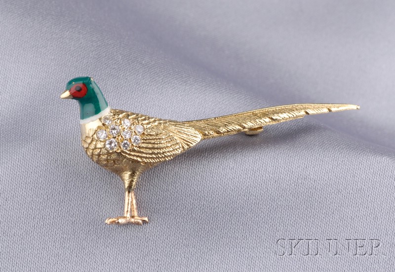 Appraisal: kt Gold Enamel and Diamond Pheasant Brooch with polychrome enamel