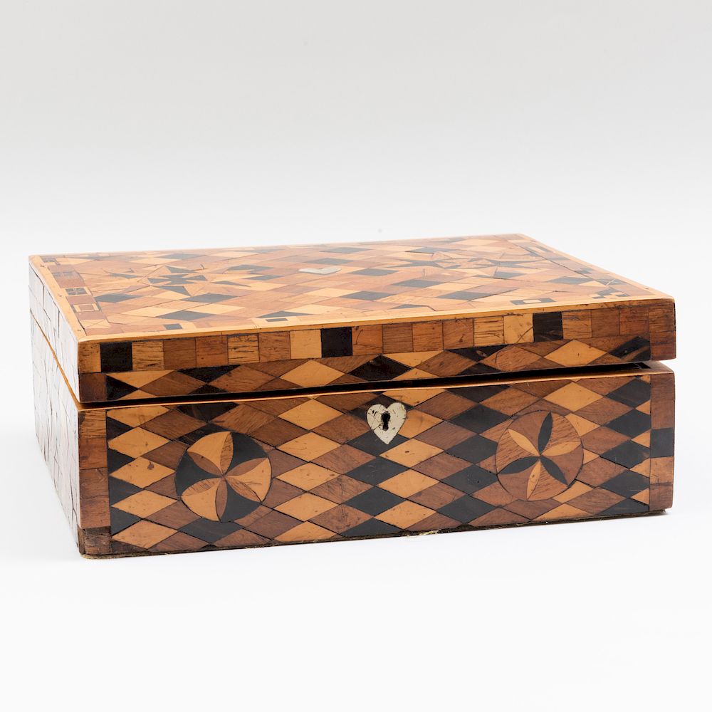 Appraisal: Ebony Fruitwood and Walnut Geometric Parquetry Traveling Box Opening to