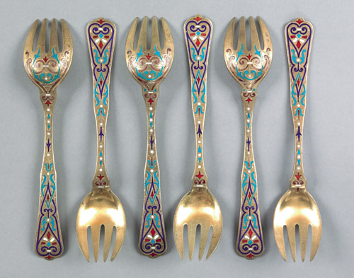 Appraisal: Set of six Russian silver gilt and champleve enamel forks