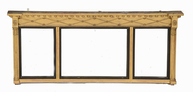 Appraisal: A REGENCY GILT OVERMANTEL MIRROR with triple mirror plate column