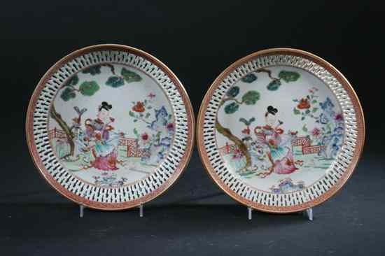 Appraisal: PAIR CHINESE FAMILLE ROSE PORCELAIN RETICULATED DISHES Qianlong Period Painted