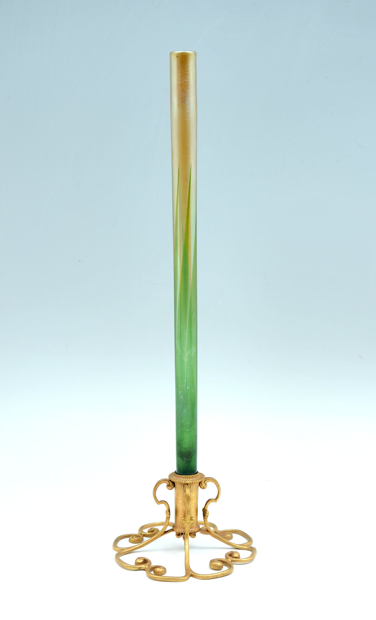 Appraisal: TALL TIFFANY ART GLASS BUD VASE Gilt bronze floriform vase