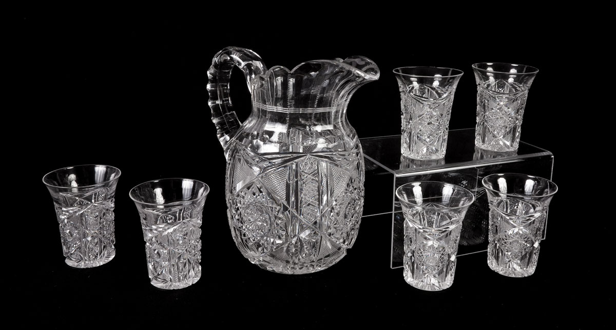 Appraisal: CLARK AMERICAN BRILLIANT CUT GLASS WATER SET Marked Clark pitcher