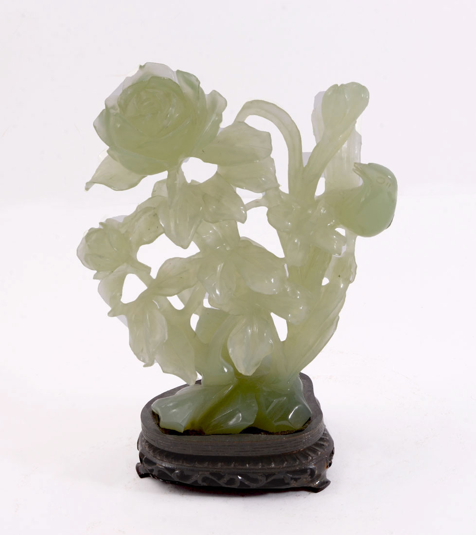 Appraisal: CARVED SERPENTINE JADE BIRD FIGURAL GROUP Carved serpentine jade or