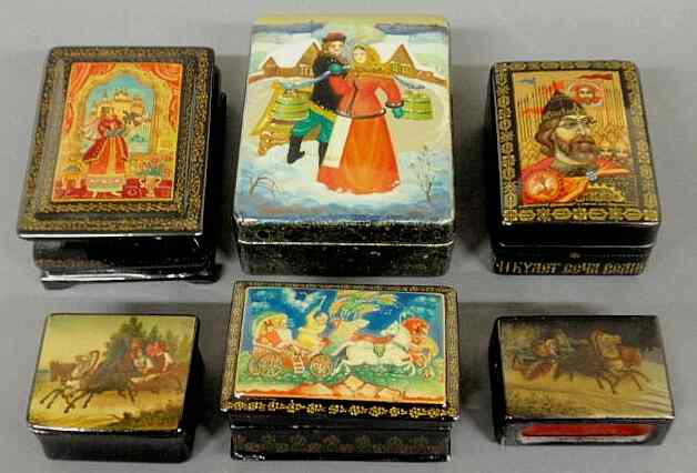 Appraisal: Six Russian lacquerware boxes largest h x w